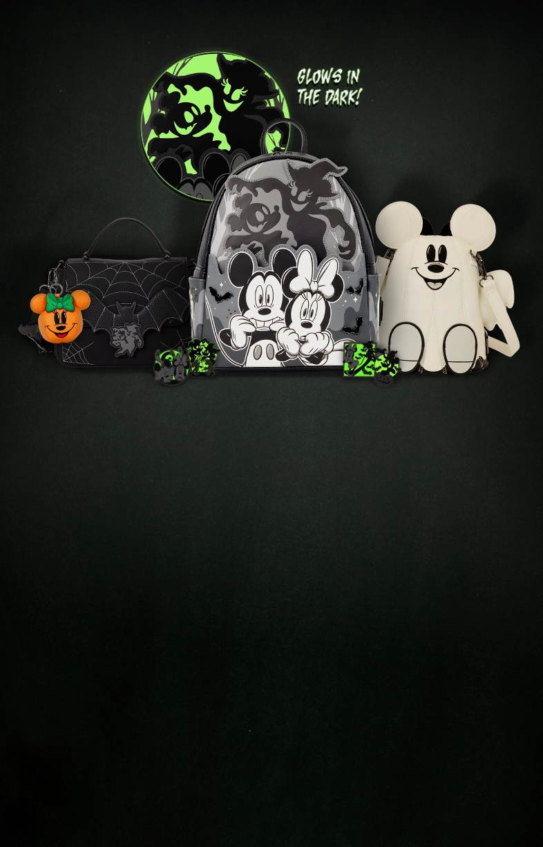 Dark Black background with subtle bright spotlight featuring Loungefly Disney Mickey & Minnie Halloween collection