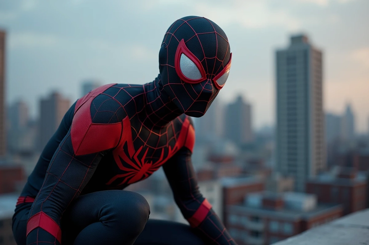 Miles Morales trong trang phục Người Nhện đỏ và đen trên mái nhà ở New York.