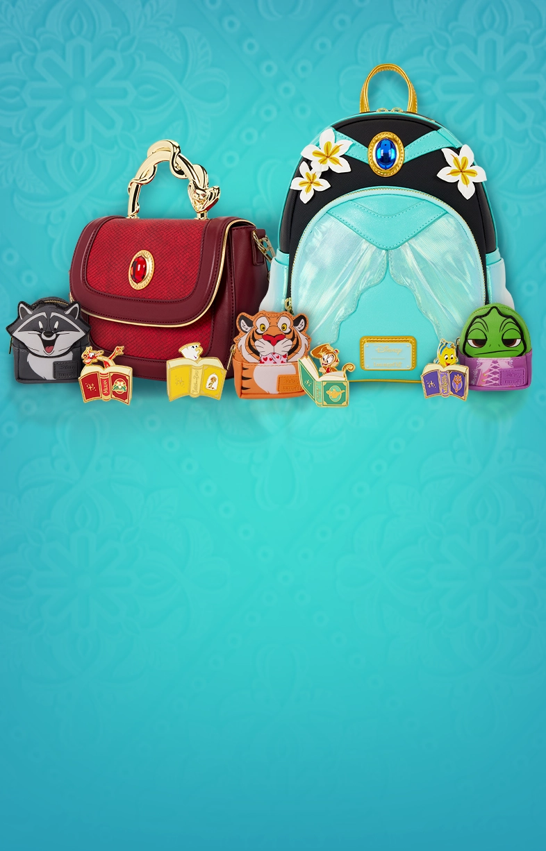 Teal gradient background with grand pattern texture featuring Loungefly Disney Aladdin Princess Jasmine collection and Disney Sidekicks Mystery Bag Charms